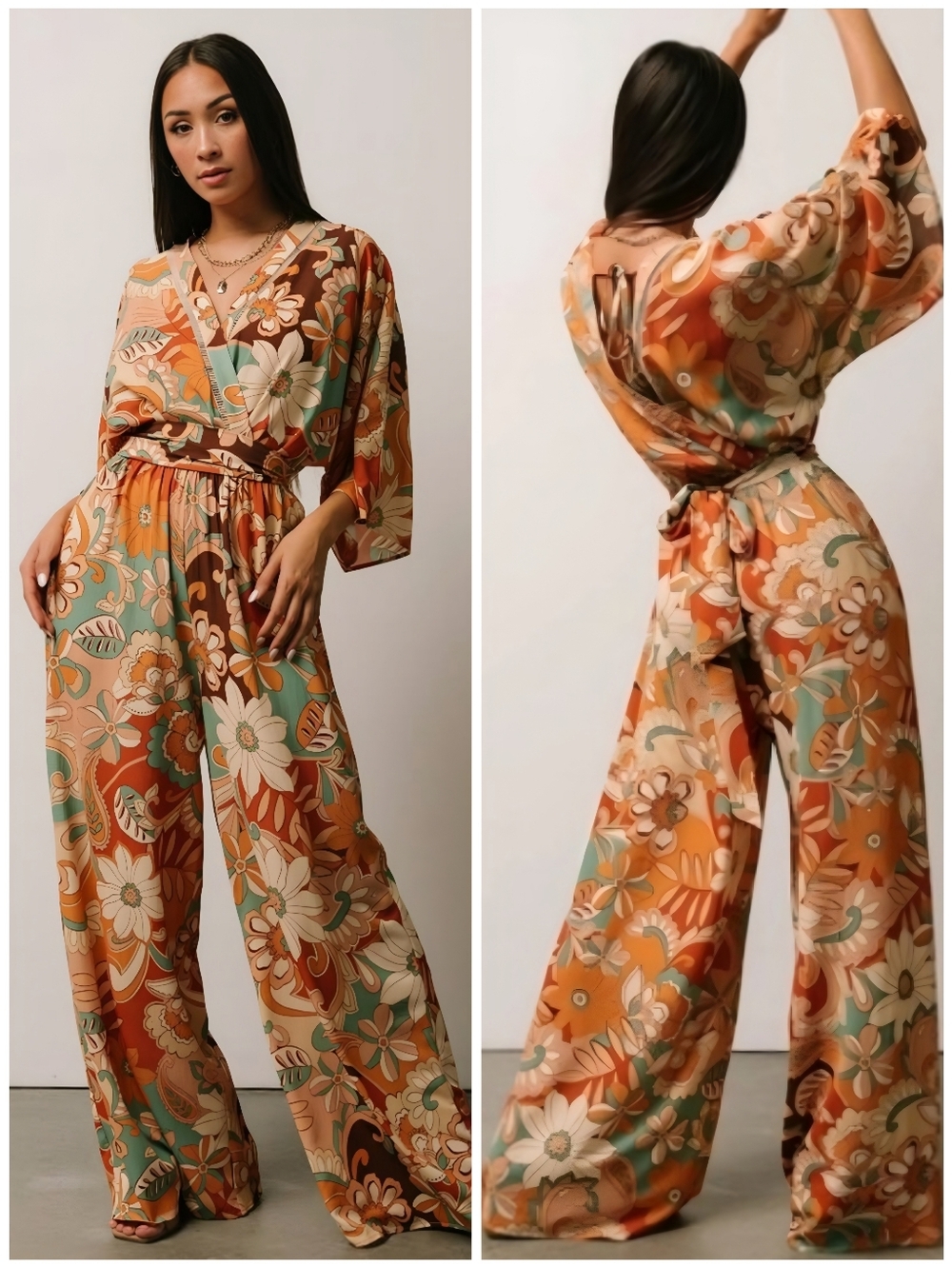 Baltic Born Floral Wide-Leg Jumpsuit in Rust, Cream & Sage